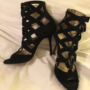 Jimmy Choo Black Suede Cage Pumps.